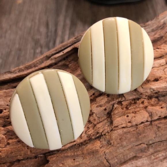 Round Striped Olive & Ivory Button Earrings - Picture 8 of 9
